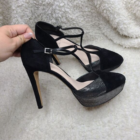 Vince Camuto Akido T Strap Black & Silver Pumps sz‎ 9 - Picture 2 of 7